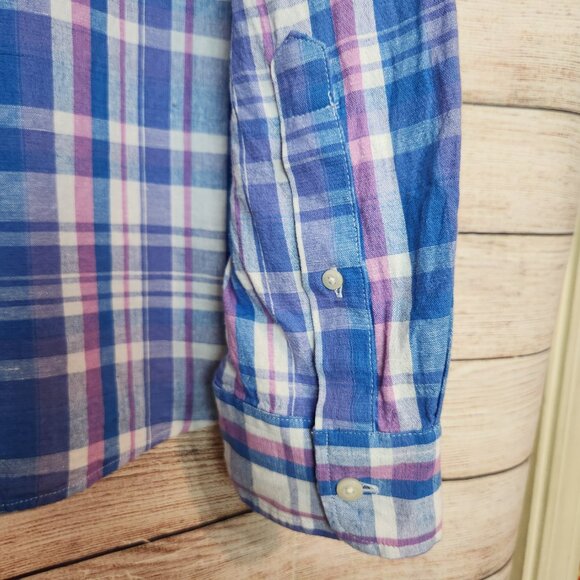 Vineyard Vines Mens M Blue White Plaid Classic Fit Whale Shirt Button Down Linen - Picture 12 of 15